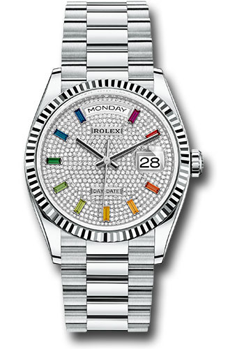 Rolex Platinum Day-Date 36 Watch - Fluted Bezel - Diamond-Paved Dial - President Bracelet