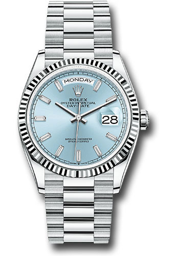 Rolex Platinum Day-Date 36 Watch - Fluted Bezel - Ice Blue Dial - President Bracelet