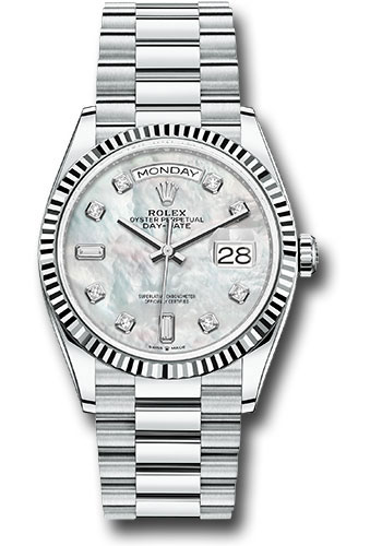 Rolex Platinum Day-Date 36 Watch - Fluted Bezel - White Mother-Of-Pearl Diamond Dial - President Bracelet
