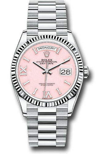 Rolex Platinum Day-Date 36 Watch - Fluted Bezel - Pink Opal Diamond Index Roman 9 Dial - President Bracelet