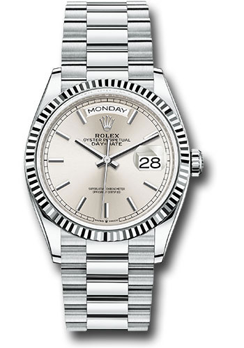 Rolex Platinum Day-Date 36 Watch - Fluted Bezel - Silver Index Dial - President Bracelet