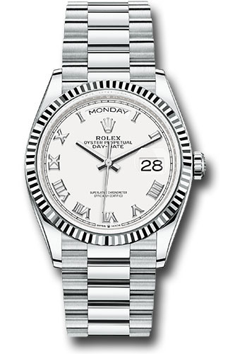 Rolex Platinum Day-Date 36 Watch - Fluted Bezel - White Roman Dial - President Bracelet