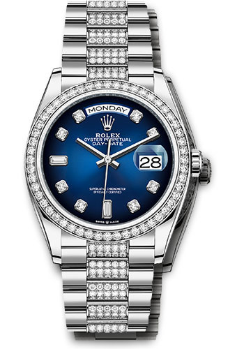 Rolex White Gold Day-Date 36 Watch - Diamond Bezel - Blue Ombré Diamond Dial - Diamond President Bracelet