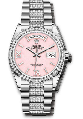 Rolex White Gold Day-Date 36 Watch - Diamond Bezel - Pink Opal Diamond Index Roman 9 Dial - Diamond President Bracelet