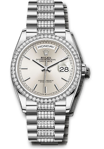 Rolex White Gold Day-Date 36 Watch - Diamond Bezel - Silver Index Dial - Diamond President Bracelet