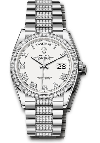 Rolex White Gold Day-Date 36 Watch - Diamond Bezel - White Roman Dial - Diamond President Bracelet