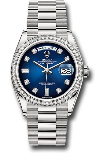 Rolex White Gold Day-Date 36 Watch - Diamond Bezel - Blue Ombre´ Diamond Dial - President Bracelet