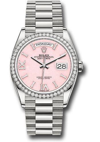 Rolex White Gold Day-Date 36 Watch - Diamond Bezel - Pink Opal Diamond Hour Marker Dial - President Bracelet