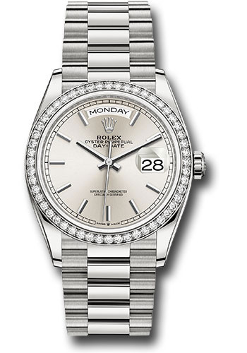 Rolex White Gold Day-Date 36 Watch - Diamond Bezel - Silver Index Dial - President Bracelet