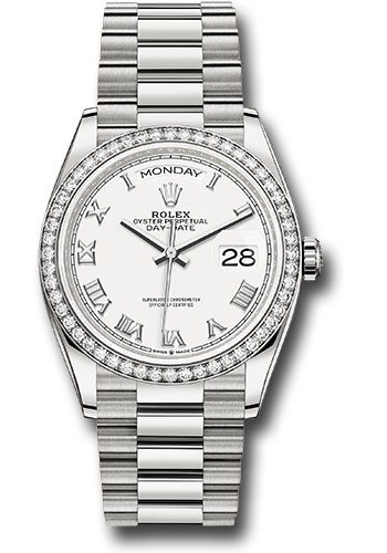 Rolex White Gold Day-Date 36 Watch - Diamond Bezel - White Roman Dial - President Bracelet