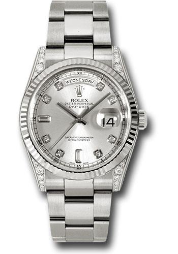 Rolex White Gold Day-Date 36 Watch - Fluted Bezel - Silver Diamond Dial - Oyster Bracelet