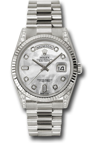 Rolex White Gold Day-Date 36 Watch - Fluted Bezel - Mother-Of-Pearl Diamond Dial - President Bracelet