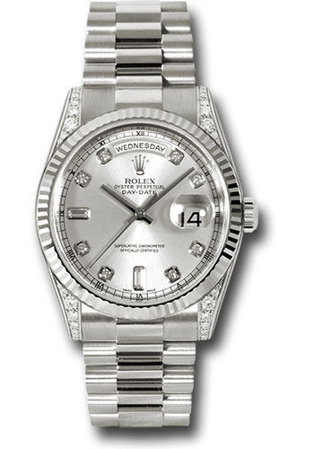 Rolex White Gold Day-Date 36 Watch - Fluted Bezel - Silver Diamond Dial - President Bracelet