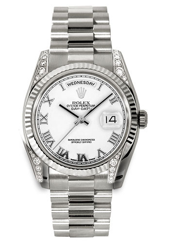 Rolex White Gold Day-Date 36 Watch - Fluted Bezel - White Roman Dial - President Bracelet