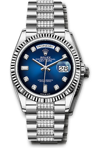 Rolex White Gold Day-Date 36 Watch - Fluted Bezel - Blue Ombré Diamond Dial - Diamond President Bracelet