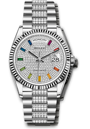 Rolex White Gold Day-Date 36 Watch - Fluted Bezel - Diamond-Paved Dial - Diamond President Bracelet