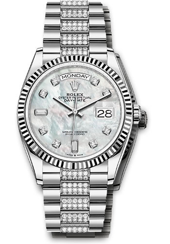Rolex White Gold Day-Date 36 Watch - Fluted Bezel - White Mother-Of-Pearl Diamond Dial - Diamond President Bracelet