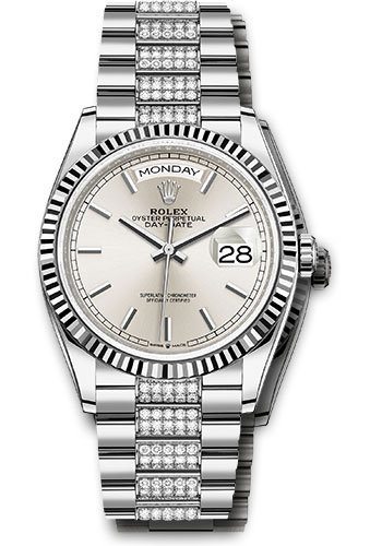 Rolex White Gold Day-Date 36 Watch - Fluted Bezel - Silver Index Dial - Diamond President Bracelet