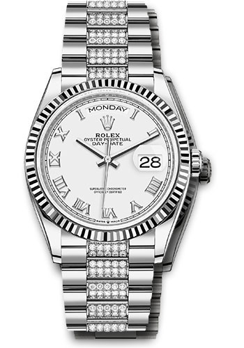 Rolex White Gold Day-Date 36 Watch - Fluted Bezel - White Roman Dial - Diamond President Bracelet