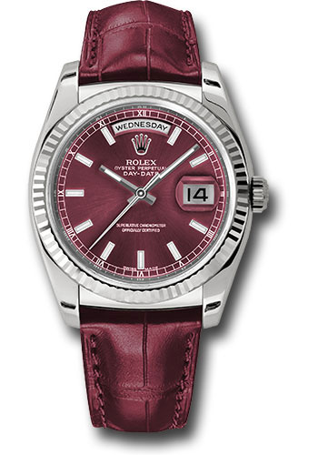 Rolex White Gold Day-Date 36 Watch - Fluted Bezel - Cherry Index Dial - Cherry Leather