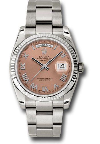 Rolex White Gold Day-Date 36 Watch - Fluted Bezel - Copper Roman Dial - Oyster Bracelet