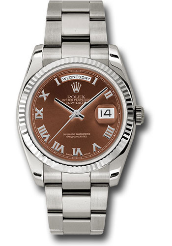 Rolex White Gold Day-Date 36 Watch - Fluted Bezel - Havana Brown Roman Dial - Oyster Bracelet