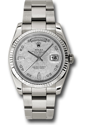 Rolex White Gold Day-Date 36 Watch - Fluted Bezel - Meteorite Diamond Dial - Oyster Bracelet
