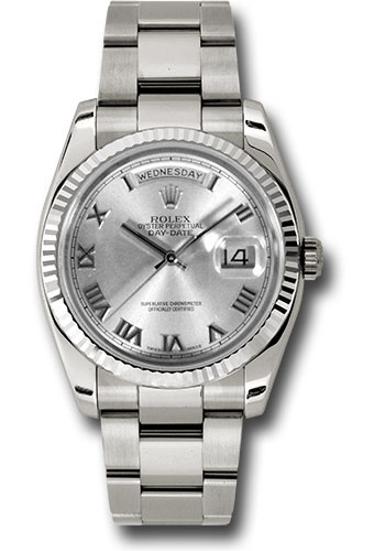 Rolex White Gold Day-Date 36 Watch - Fluted Bezel - Rhodium Roman Dial - Oyster Bracelet
