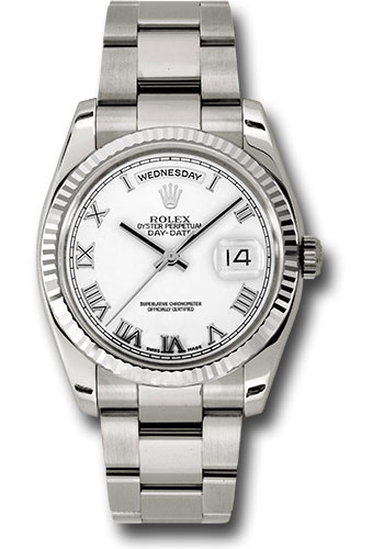 Rolex White Gold Day-Date 36 Watch - Fluted Bezel - White Roman Dial - Oyster Bracelet