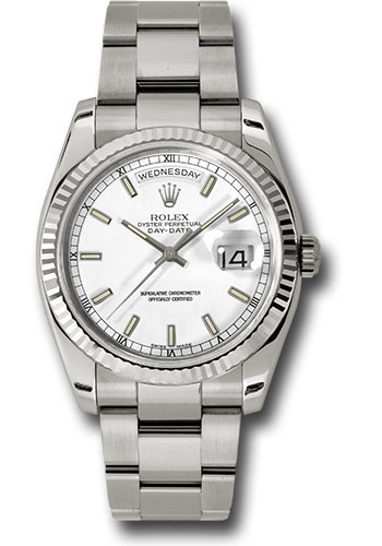 Rolex White Gold Day-Date 36 Watch - Fluted Bezel - White Index Dial - Oyster Bracelet