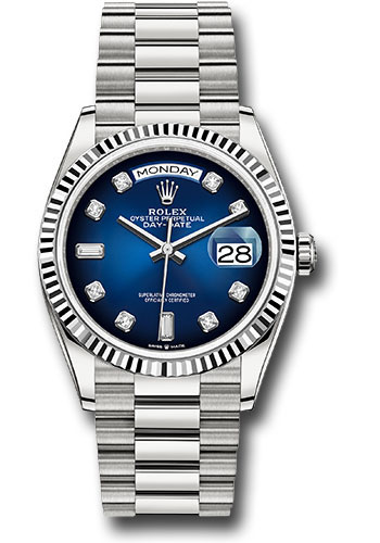 Rolex White Gold Day-Date 36 Watch - Fluted Bezel - Blue Ombre´ Diamond Dial - President Bracelet