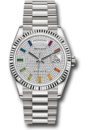 Rolex White Gold Day-Date 36 Watch - Fluted Bezel - Diamond Paved Rainbow Sapphire Dial - President Bracelet