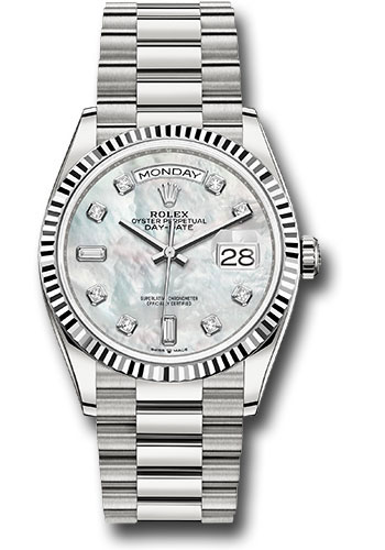 Rolex White Gold Day-Date 36 Watch - Fluted Bezel - Mother-of-Pearl Diamond Dial - President Bracelet