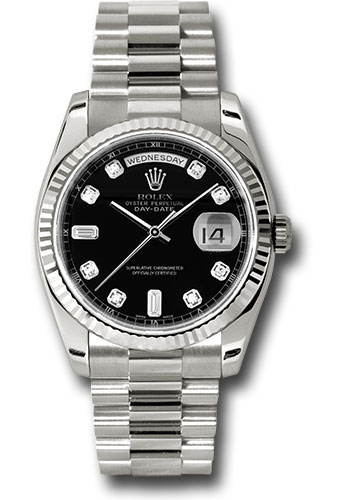 Rolex White Gold Day-Date 36 Watch - Fluted Bezel - Black Diamond Dial - President Bracelet