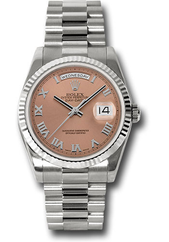 Rolex White Gold Day-Date 36 Watch - Fluted Bezel - Copper Roman Dial - President Bracelet
