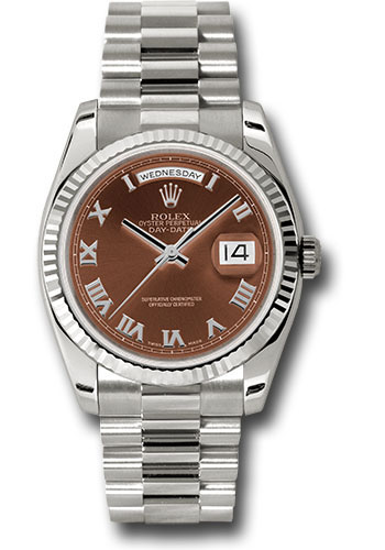 Rolex White Gold Day-Date 36 Watch - Fluted Bezel - Havana Brown Index Dial - President Bracelet