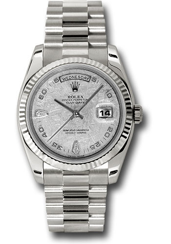 Rolex White Gold Day-Date 36 Watch - Fluted Bezel - Meteorite Diamond Dial - President Bracelet