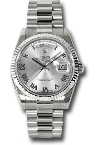 Rolex White Gold Day-Date 36 Watch - Fluted Bezel - Rhodium Roman Dial - President Bracelet