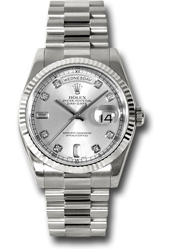 Rolex White Gold Day-Date 36 Watch - Fluted Bezel - Silver Diamond Dial - President Bracelet