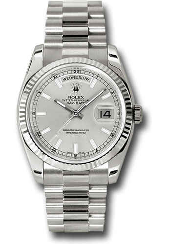 Rolex White Gold Day-Date 36 Watch - Fluted Bezel - Silver Index Dial - President Bracelet