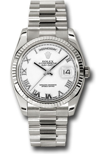 Rolex White Gold Day-Date 36 Watch - Fluted Bezel - White Roman Dial - President Bracelet