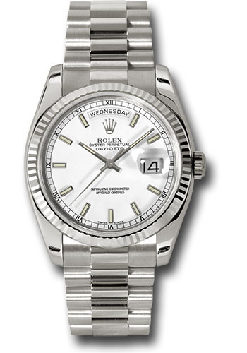Rolex White Gold Day-Date 36 Watch - Fluted Bezel - White Index Dial - President Bracelet