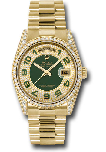 Rolex Yellow Gold Day-Date 36 Watch - Bezel - Pave Edge Green Dial - President Bracelet