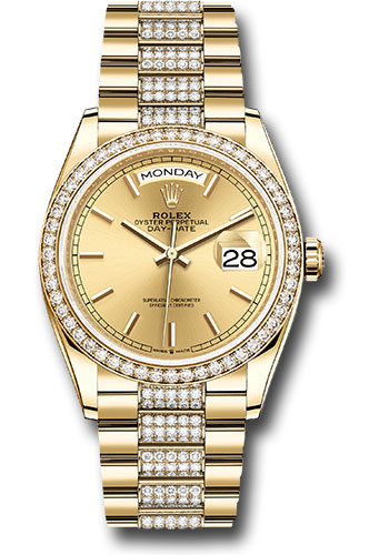 Rolex Yellow Gold Day-Date 36 Watch - Diamond Bezel - Champagne Index Dial - Diamond President Bracelet