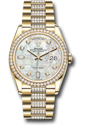 Rolex Yellow Gold Day-Date 36 Watch - Diamond Bezel - White Mother-Of-Pearl Diamond Dial - Diamond President Bracelet
