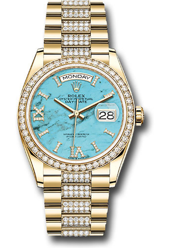 Rolex Yellow Gold Day-Date 36 Watch - Diamond Bezel - Turquoise Diamond Index Roman 9 Dial - Diamond President Bracelet