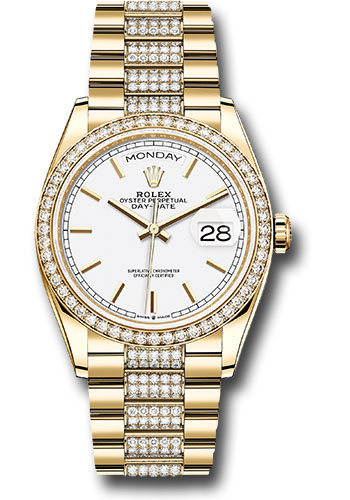 Rolex Yellow Gold Day-Date 36 Watch - Diamond Bezel - White Index Dial - Diamond President Bracelet