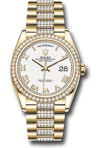 Rolex Yellow Gold Day-Date 36 Watch - Diamond Bezel - White Roman Dial - Diamond President Bracelet