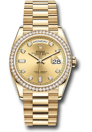 Rolex Yellow Gold Day-Date 36 Watch - Diamond Bezel - Champagne Diamond Dial - President Bracelet
