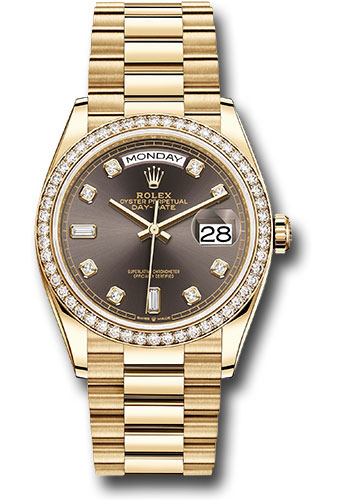Rolex Yellow Gold Day-Date 36 Watch - Diamond Bezel - Dark Grey Diamond Dial - President Bracelet